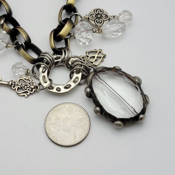Vintage Charm Bracelet Brass And Silver Tone Key Faceted Glass 8" Adjustable - Picture 8 of 10